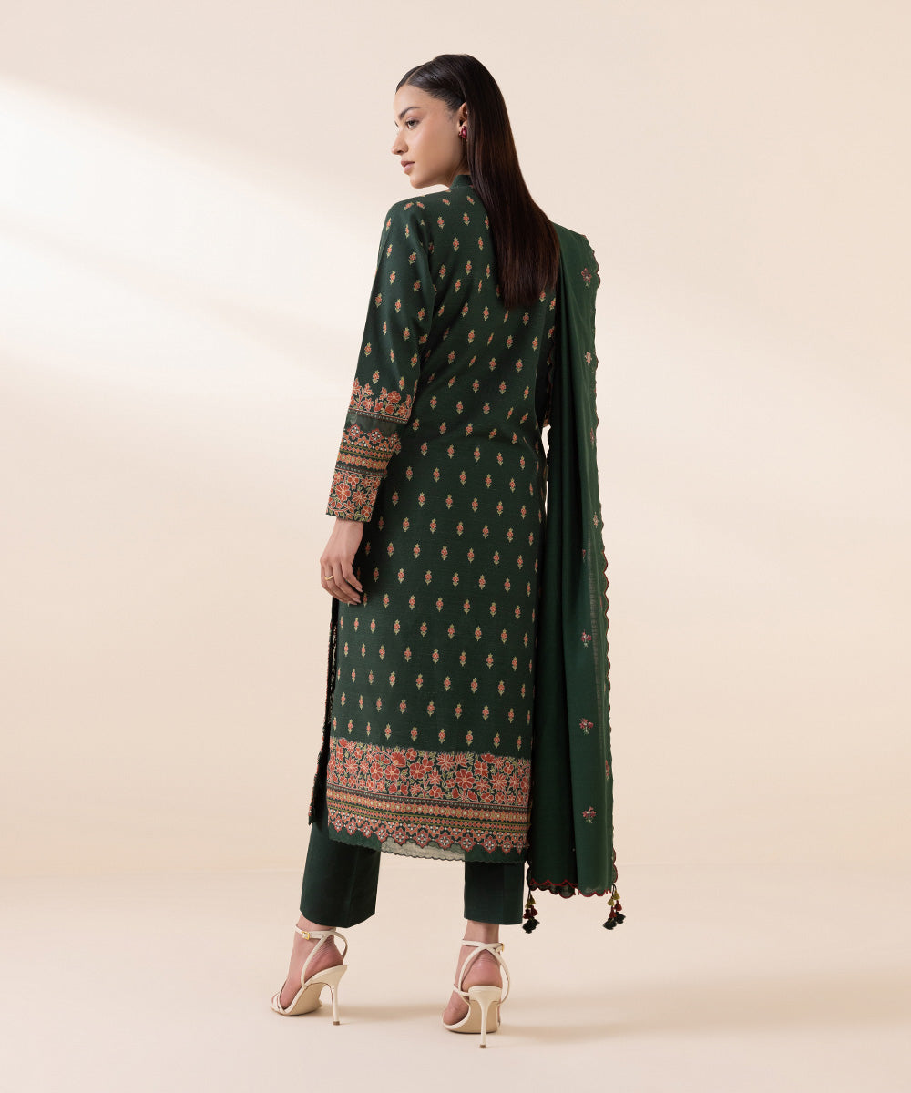 Women's Unstitched Khaddar Green Embroidered 3 Piece Suit