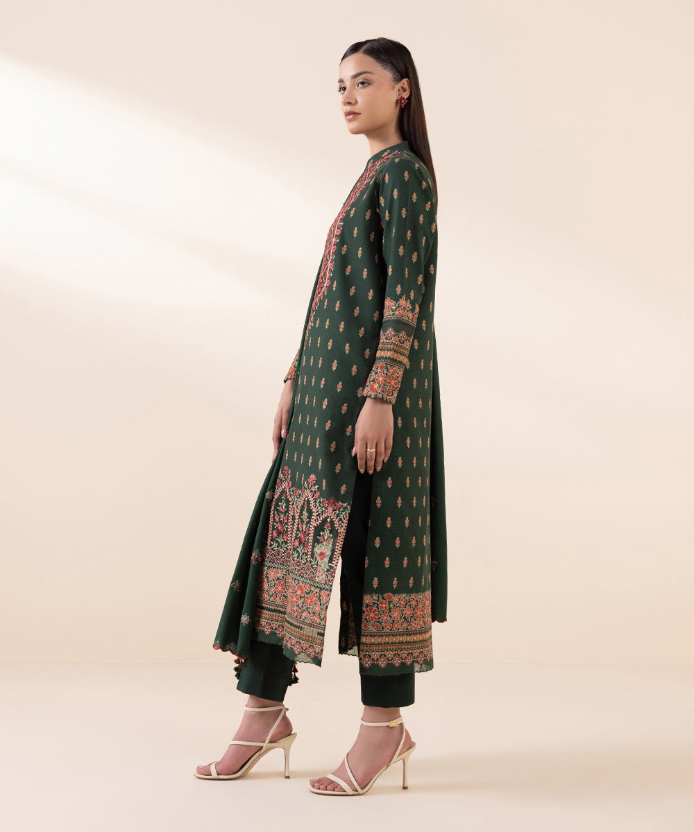 Women's Unstitched Khaddar Green Embroidered 3 Piece Suit