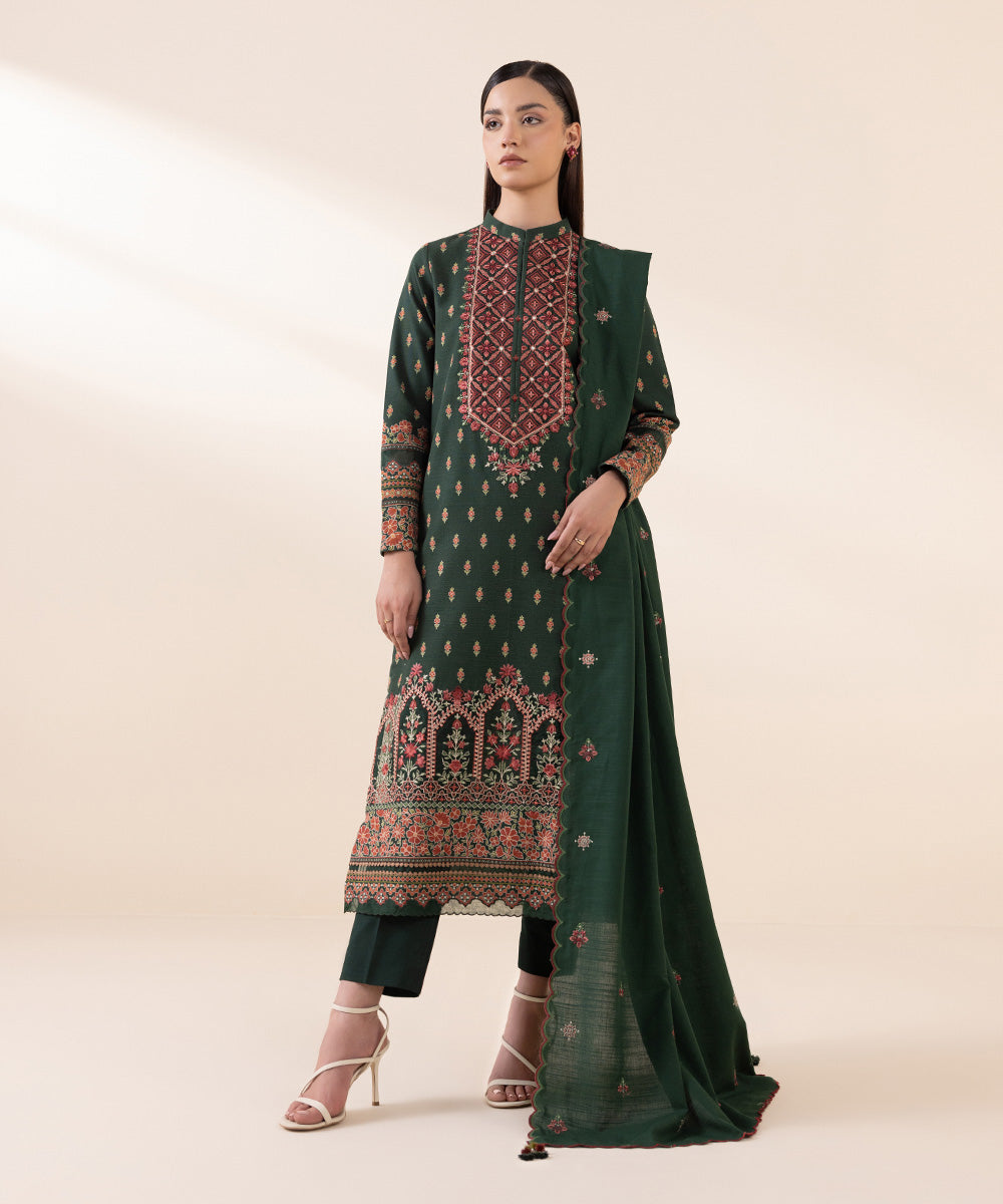 Women's Unstitched Khaddar Green Embroidered 3 Piece Suit