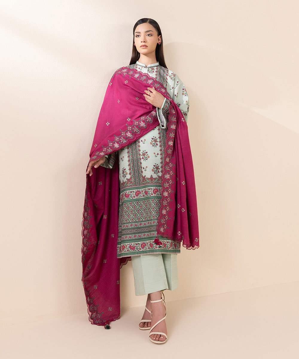 Women's Unstitched Khaddar Multi Embroidered 3 Piece Suit