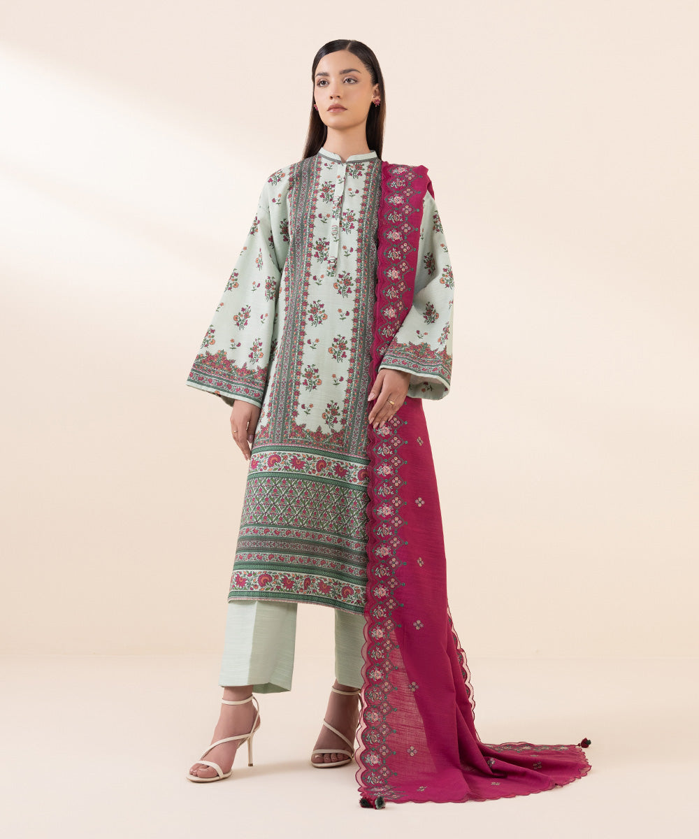 Women's Unstitched Khaddar Multi Embroidered 3 Piece Suit