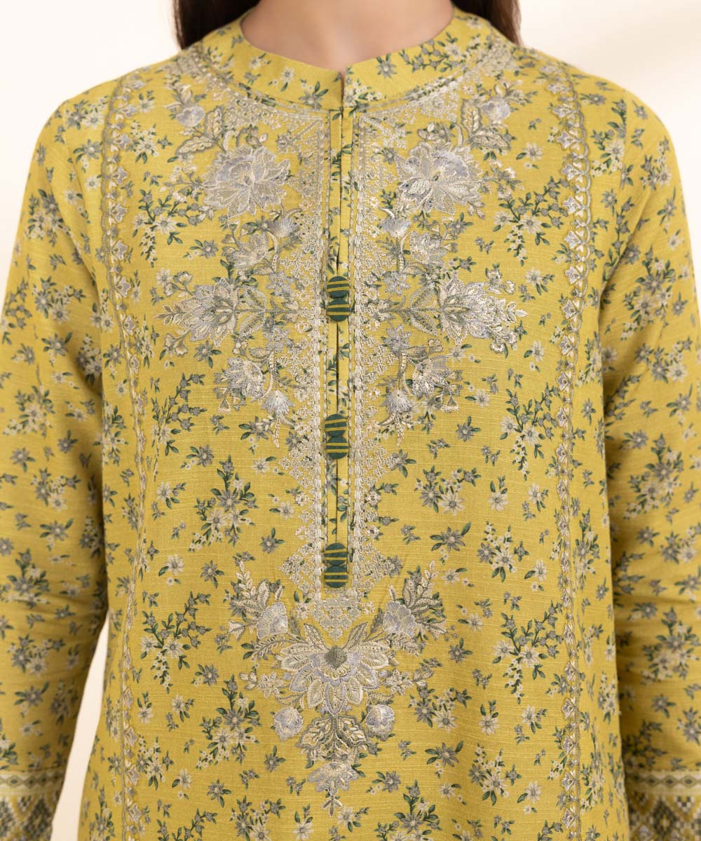 Women's Unstitched Khaddar Yellow Embroidered 3 Piece Suit 