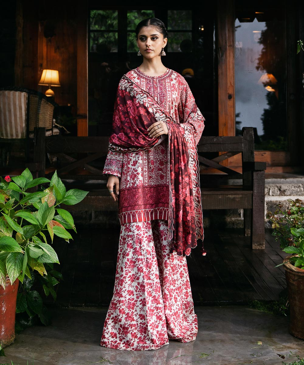 Women's Unstitched Linen Red Embroidered 3 Piece Suit