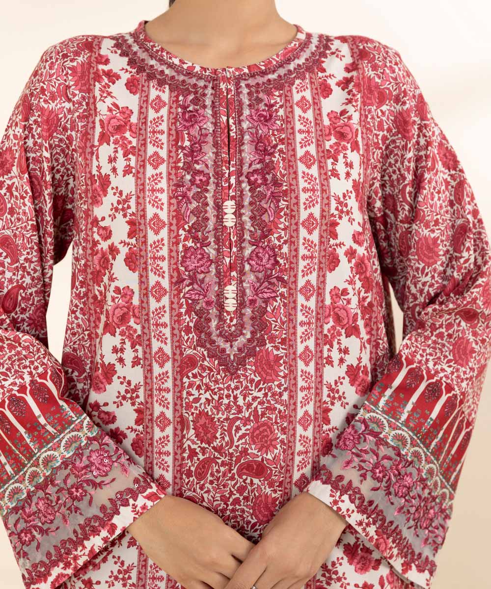 Women's Unstitched Linen Red Embroidered 3 Piece Suit