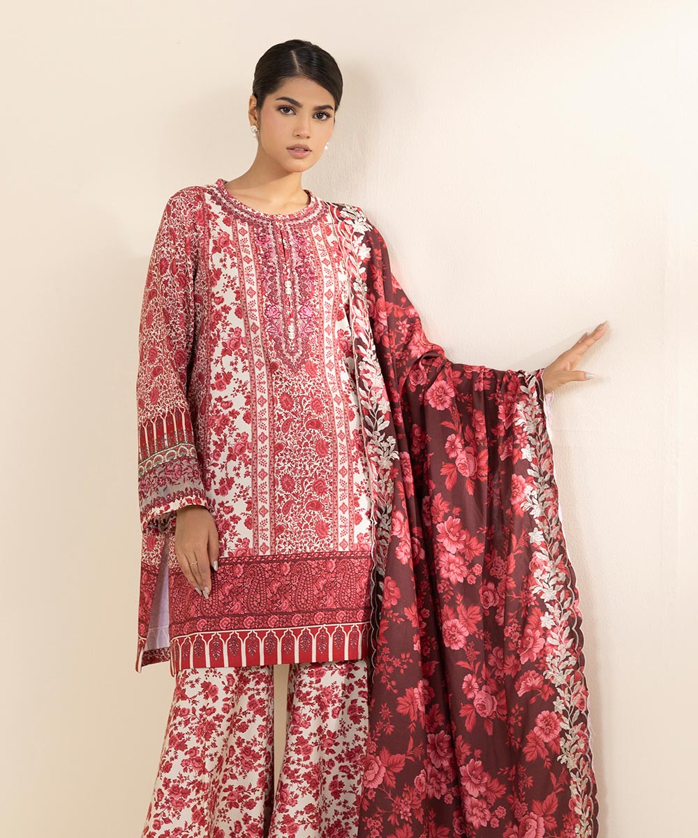 Women's Unstitched Linen Red Embroidered 3 Piece Suit