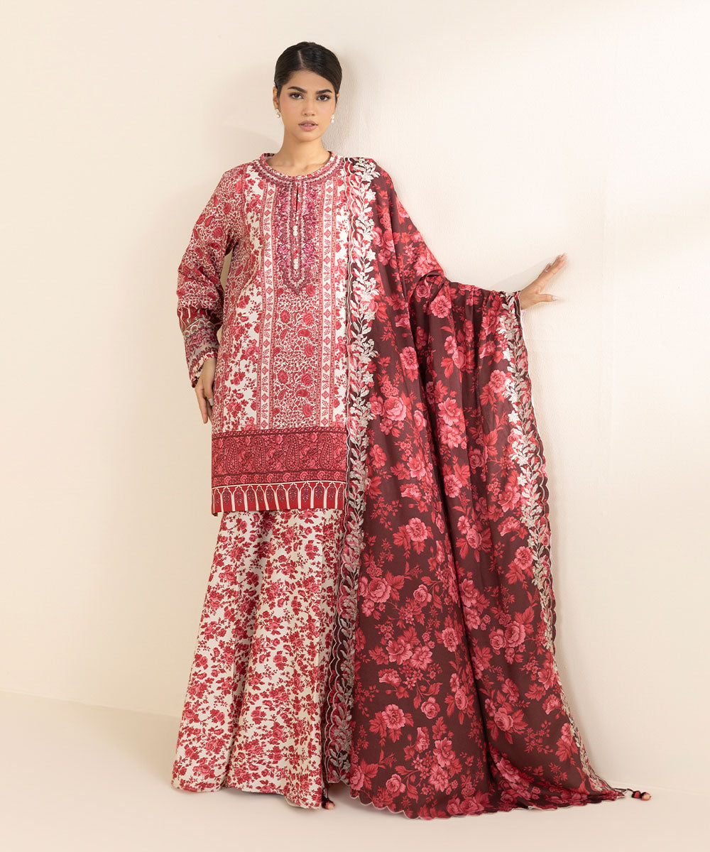 Women's Unstitched Linen Red Embroidered 3 Piece Suit