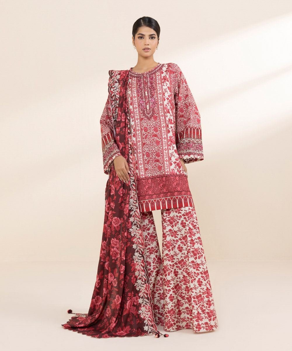 Women's Unstitched Linen Red Embroidered 3 Piece Suit