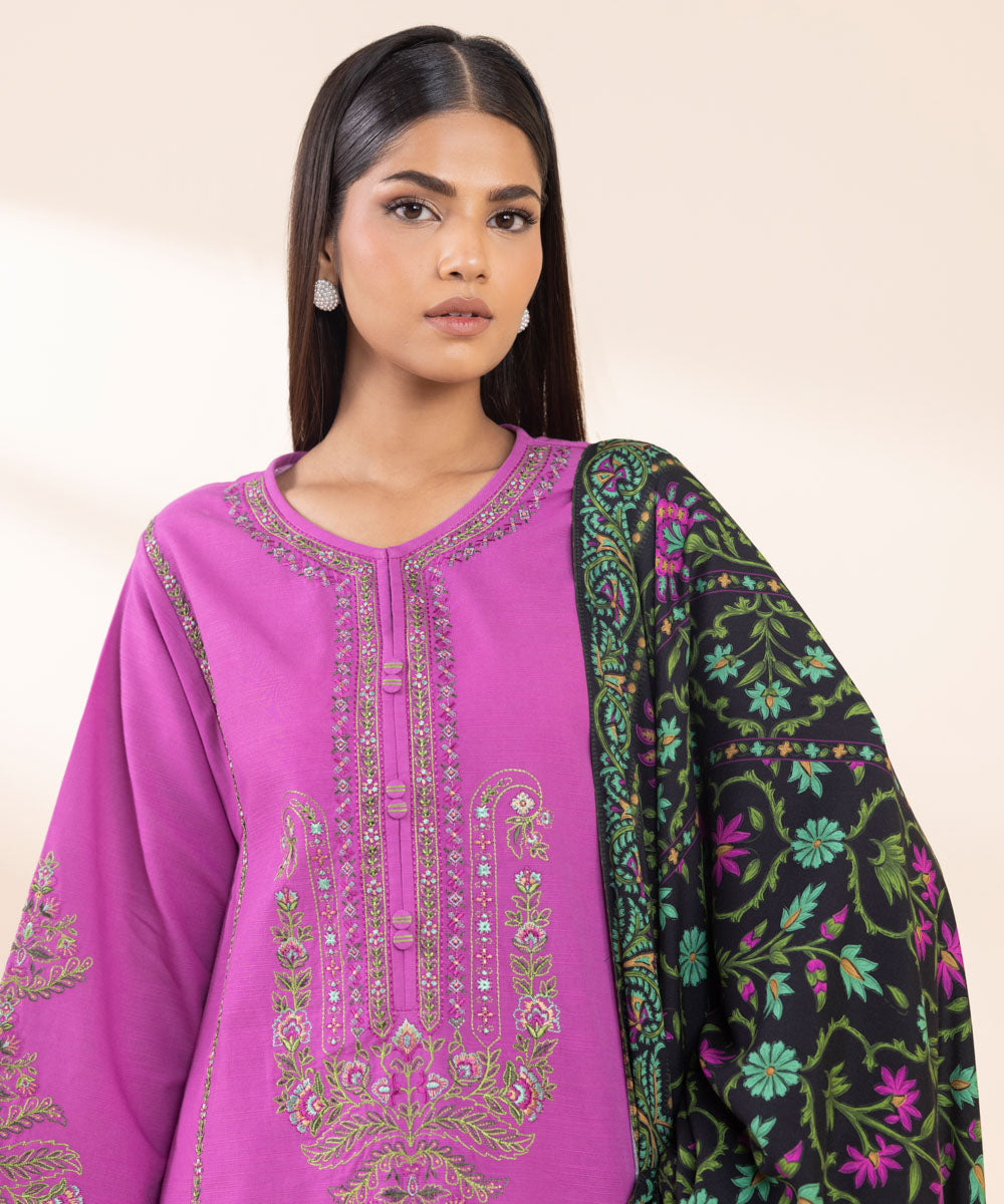 Women's Unstitched Khaddar Embroidered Purple 3 Piece Suit