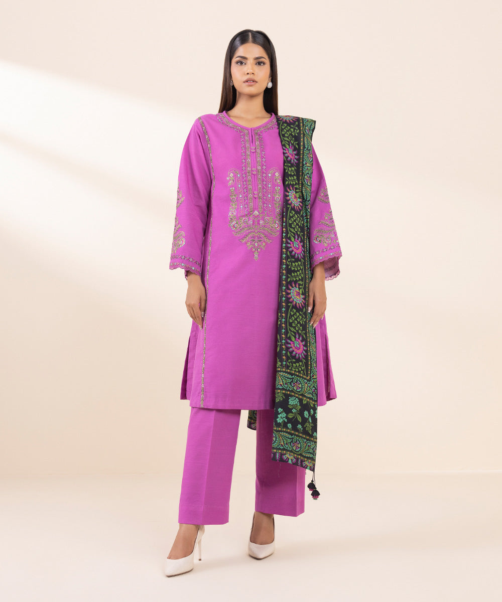 Women's Unstitched Khaddar Embroidered Purple 3 Piece Suit