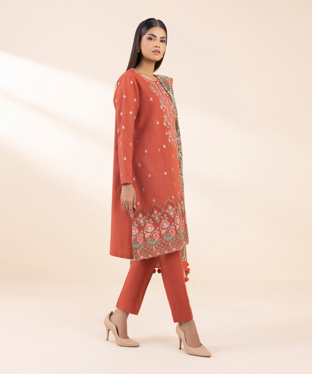 Women's Unstitched Khaddar Embroidered Red 3 Piece Suit