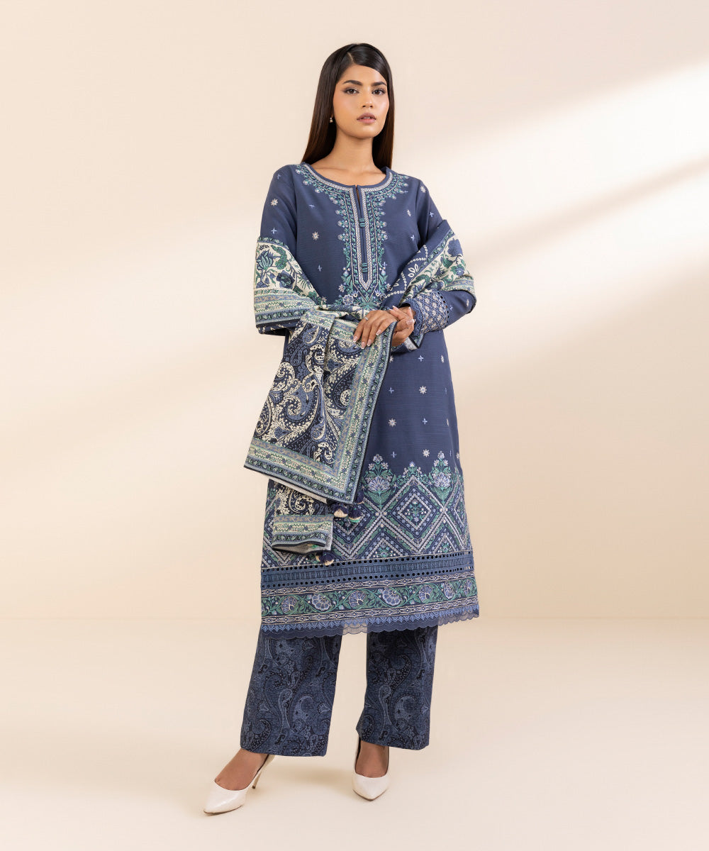 Women's Unstitched Khaddar Embroidered Blue 3 Piece Suit