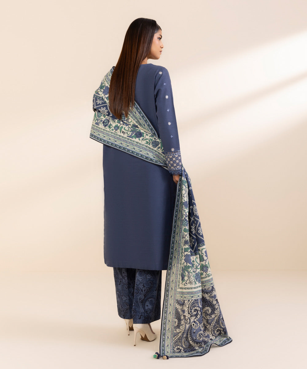 Women's Unstitched Khaddar Embroidered Blue 3 Piece Suit