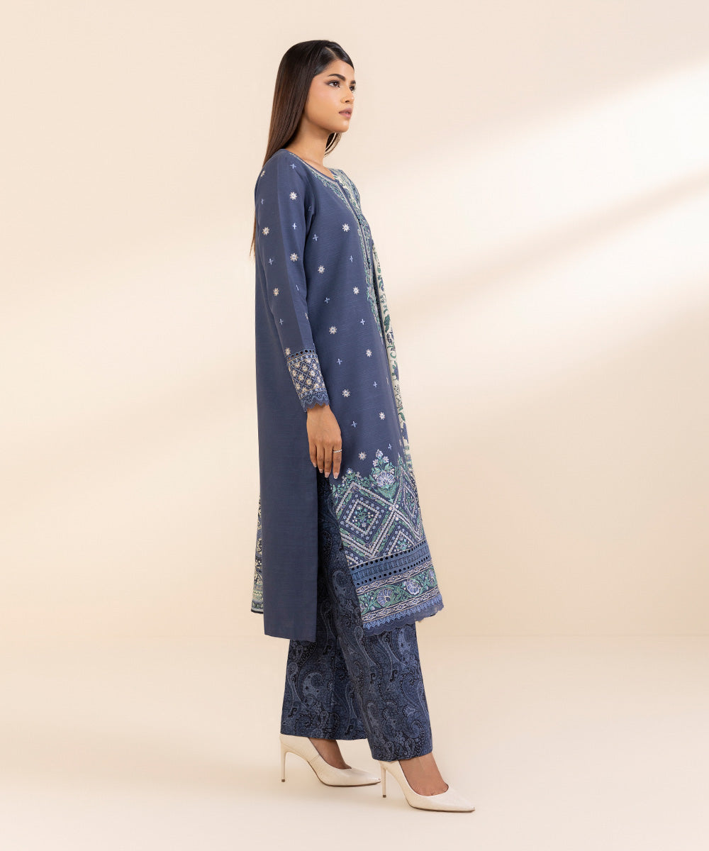 Women's Unstitched Khaddar Embroidered Blue 3 Piece Suit