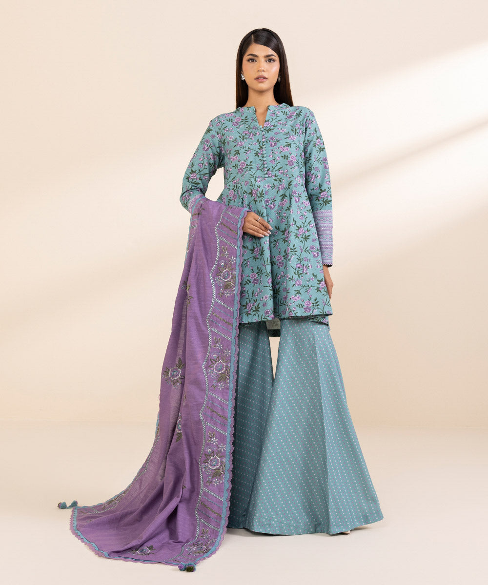 Women's Unstitched Khaddar Embroidered Blue 3 Piece Suit