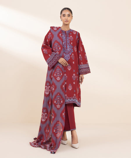 Women's Unstitched Yarn Dyed Jacquard Embroidered Red 3 Piece Suit