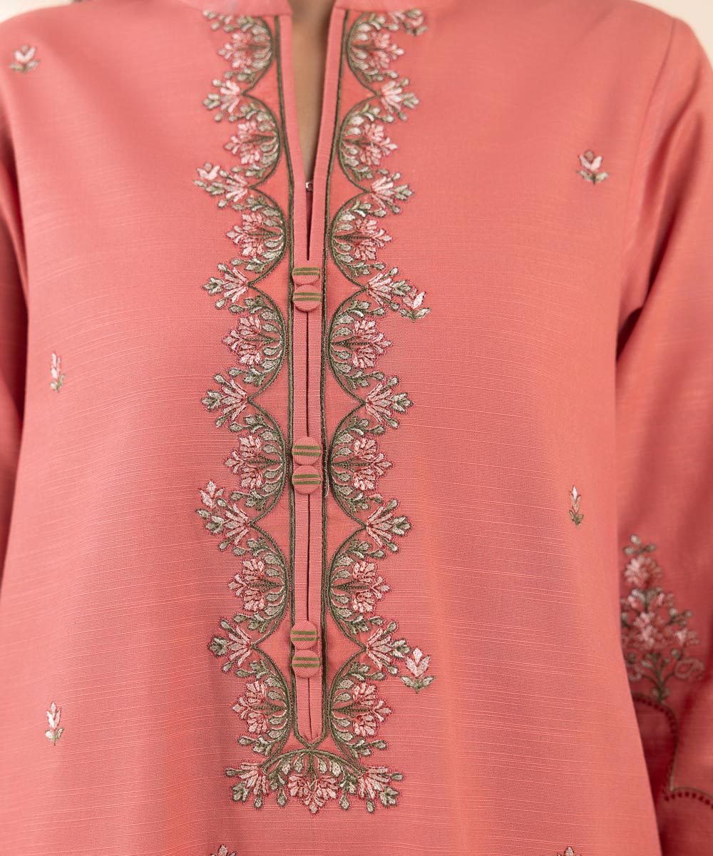 Women's Unstitched Khaddar Embroidered Pink 3 Piece Suit