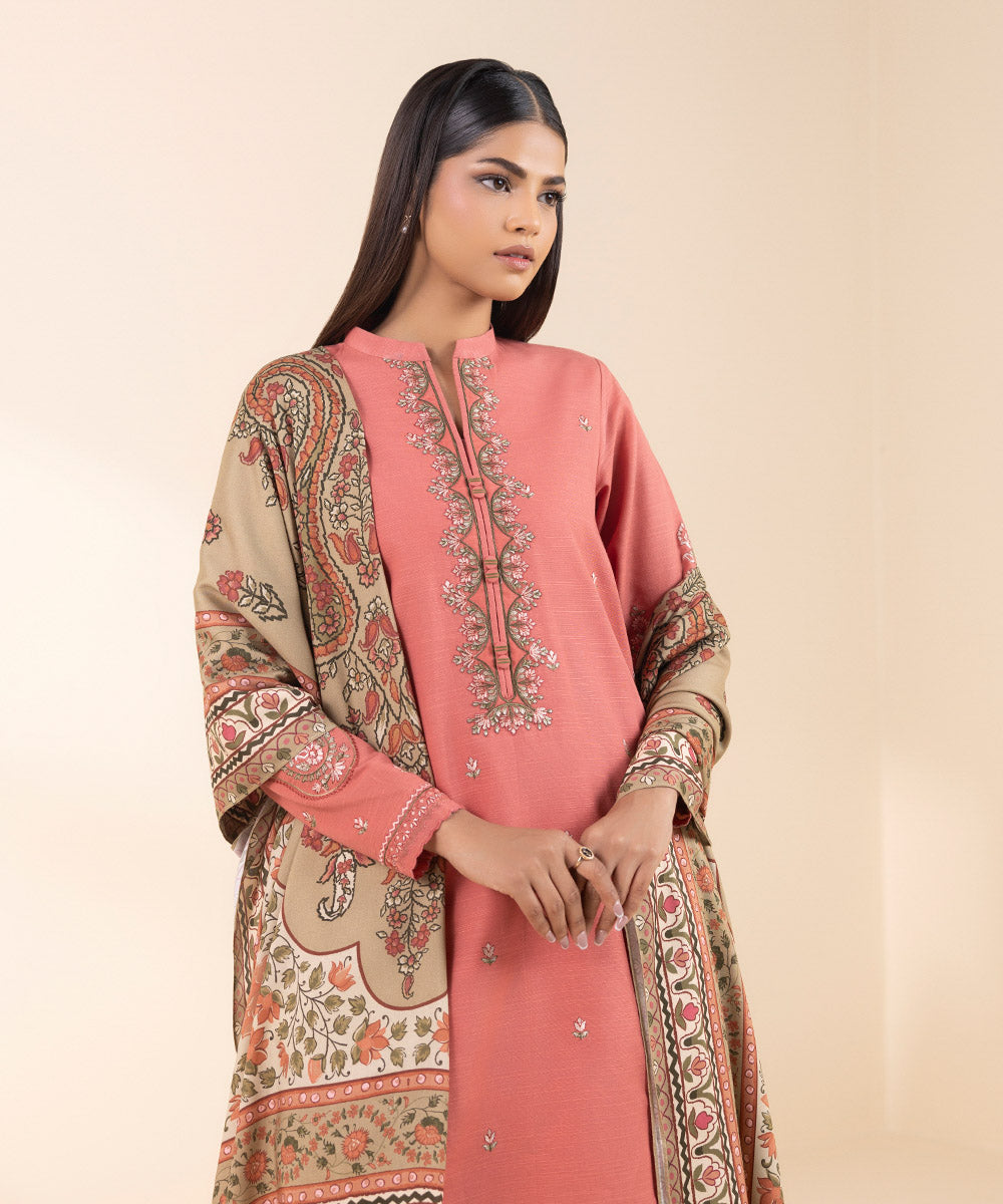 Women's Unstitched Khaddar Embroidered Pink 3 Piece Suit