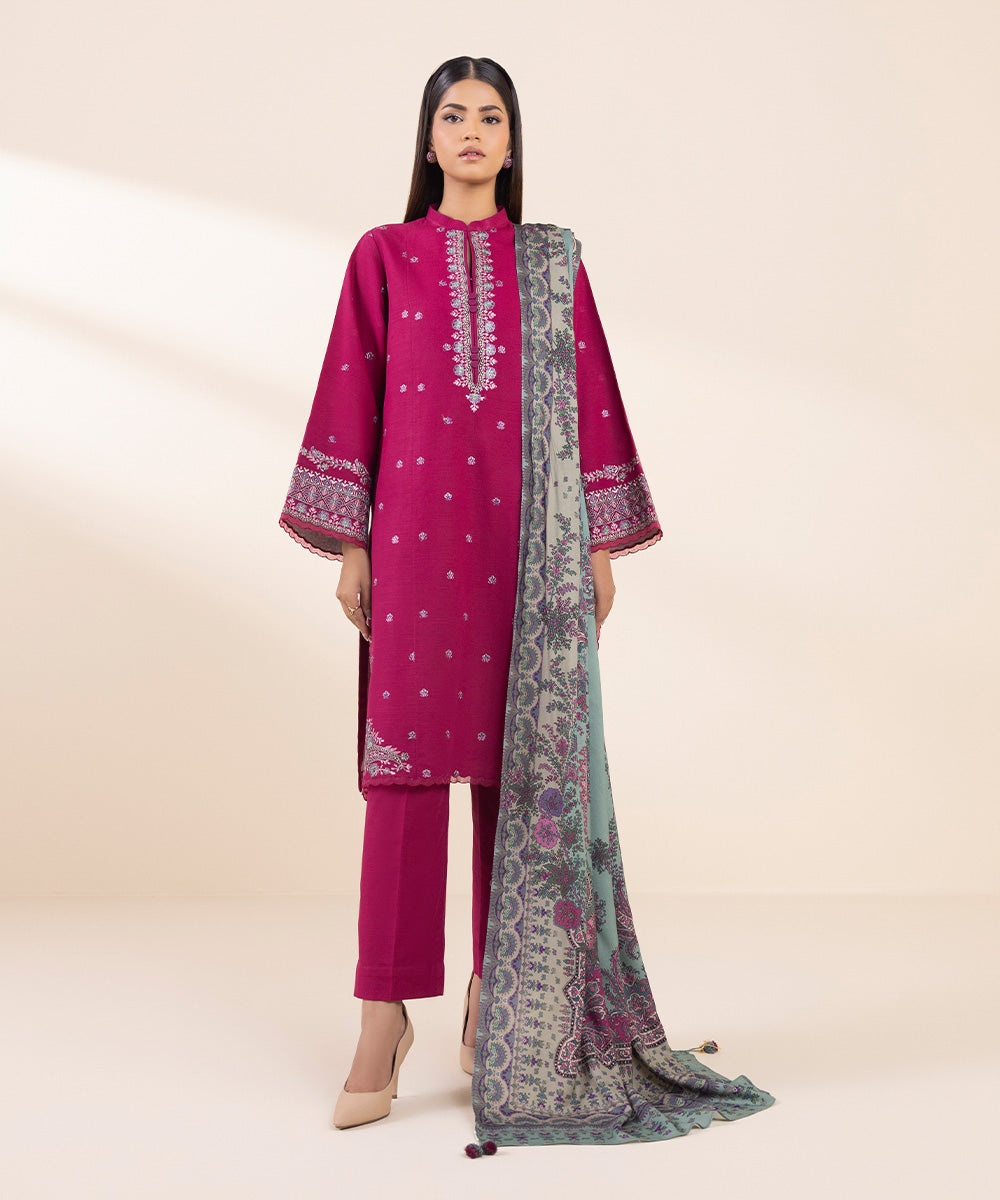 Women's Unstitched Khaddar Embroidered Pink 3 Piece Suit