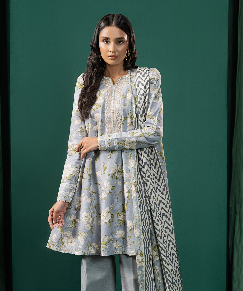 Women's Unstitched Khaddar Embroidered Blue 3 Piece Suit