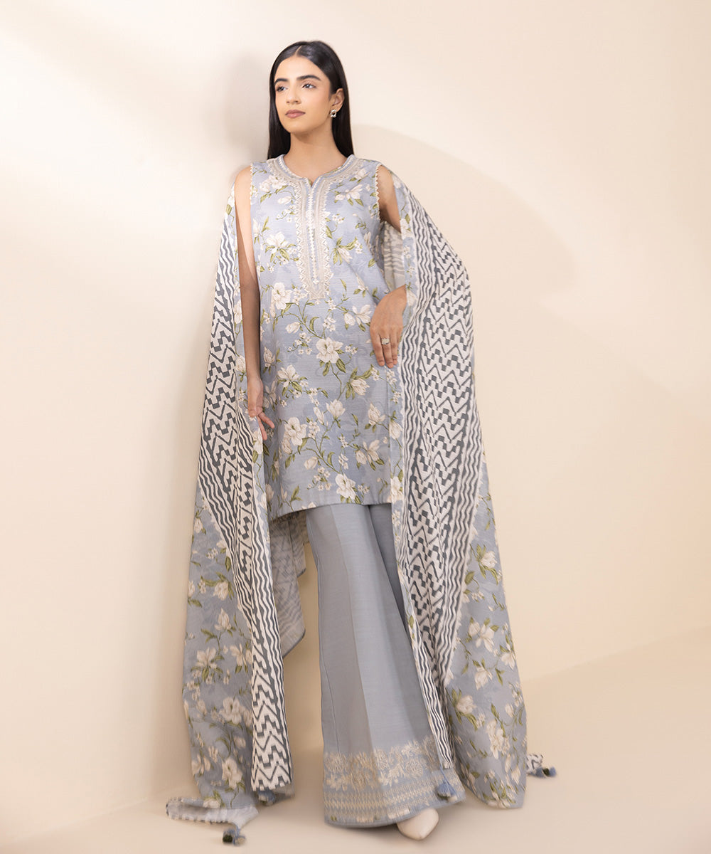 Women's Unstitched Khaddar Embroidered Blue 3 Piece Suit