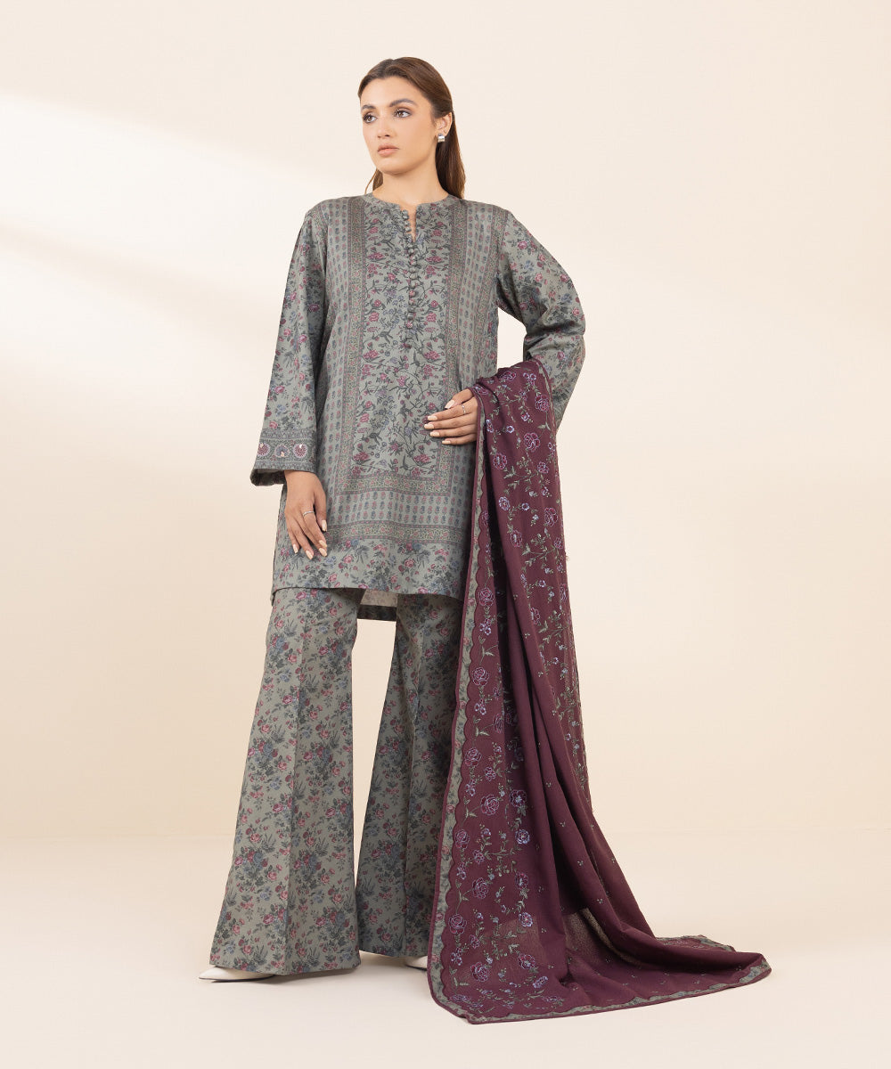 Women's Unstitched Fine Cotton Satin Embroidered Grey 3 Piece Suit