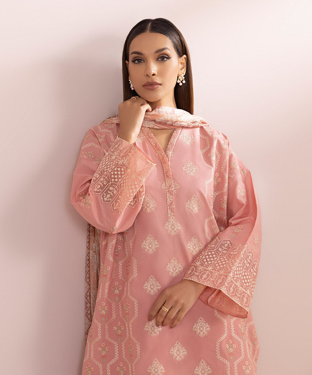 Women's Unstitched Lawn Embroidered Peach 3 Piece Suit