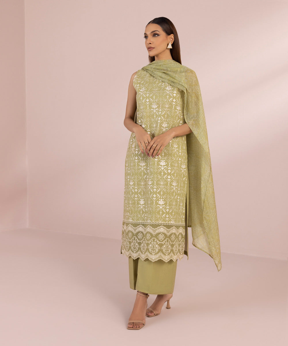 Women's Unstitched Lawn Embroidered Light Green 3 Piece Suit