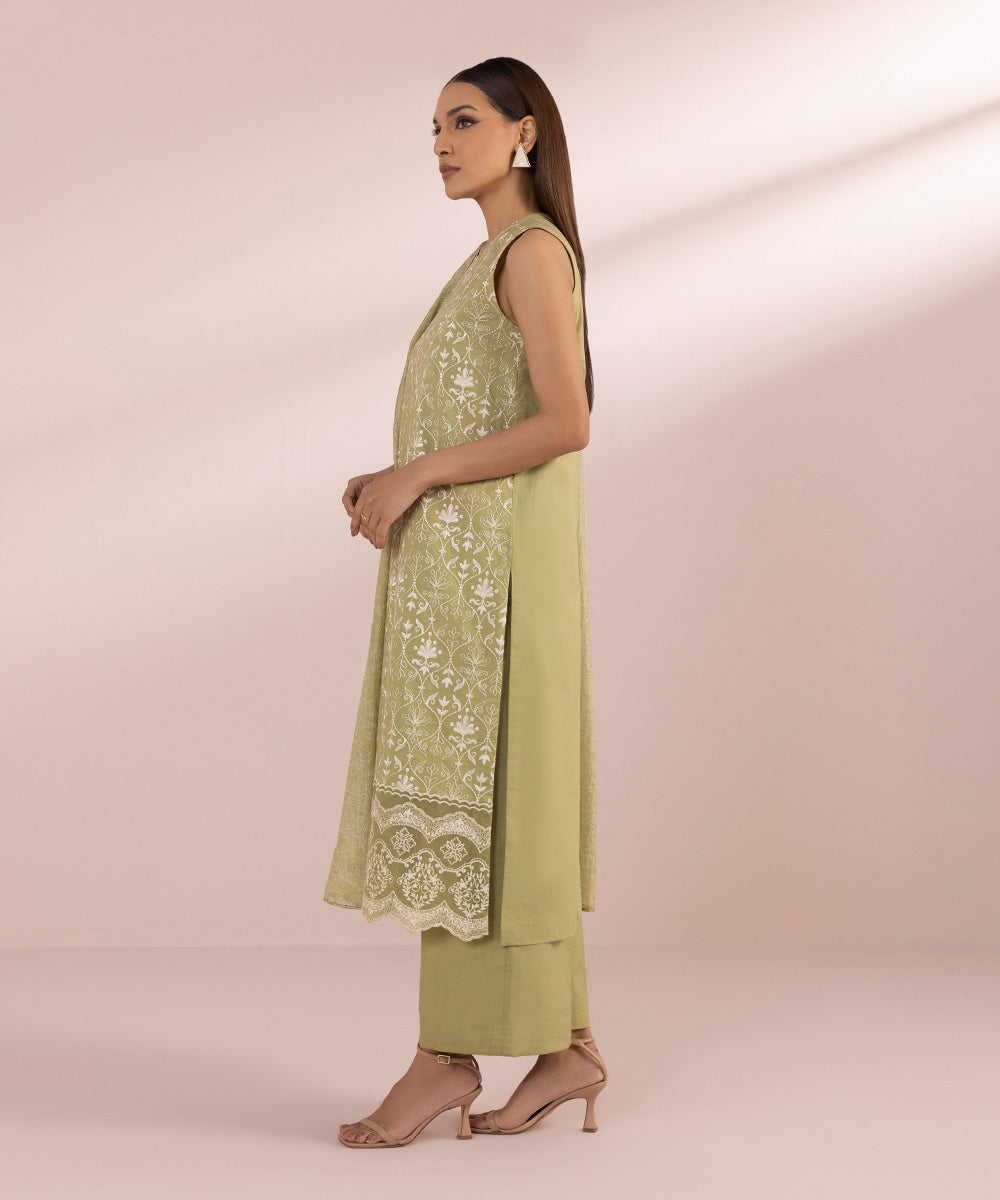 Women's Unstitched Lawn Embroidered Light Green 3 Piece Suit