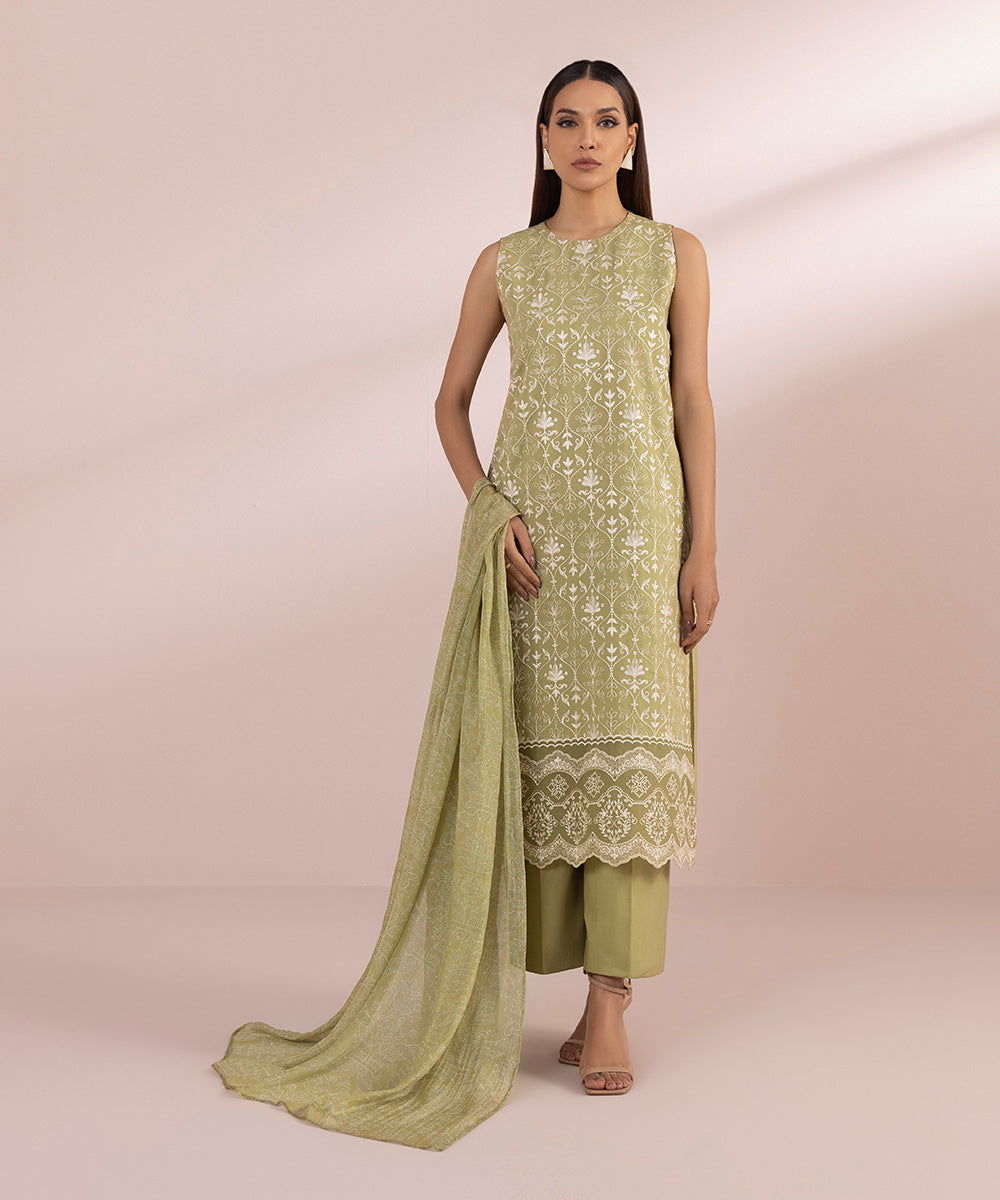 Women's Unstitched Lawn Embroidered Light Green 3 Piece Suit