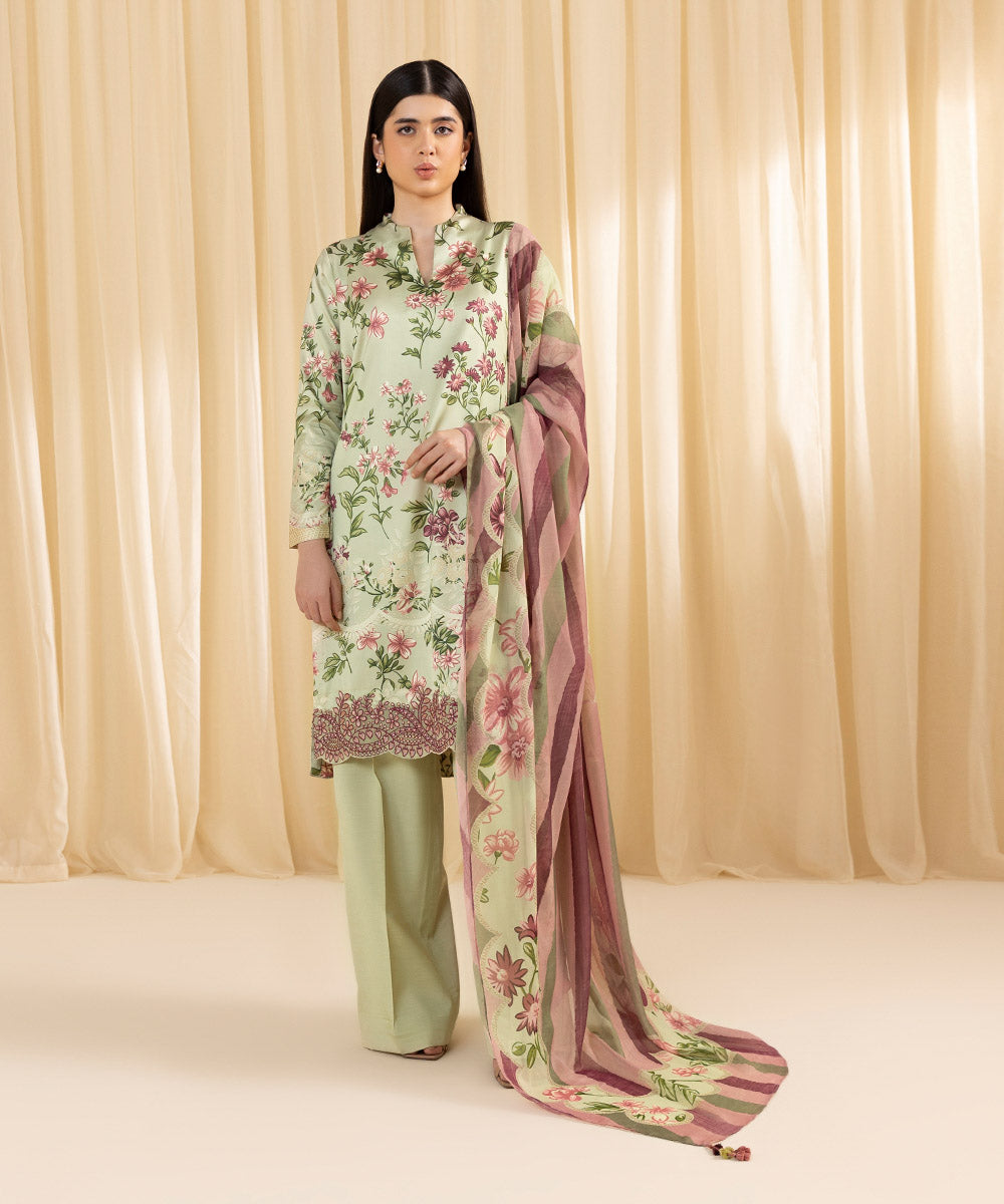 Women's Unstitched Embroidered Blended Satin Multi 3 Piece Suit