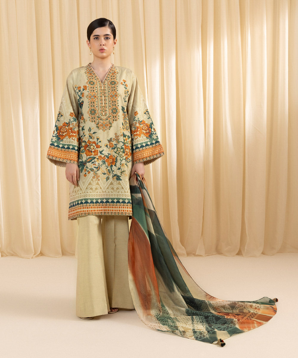 Women's Unstitched Embroidered Blended Grip Silk Multi 3 Piece Suit