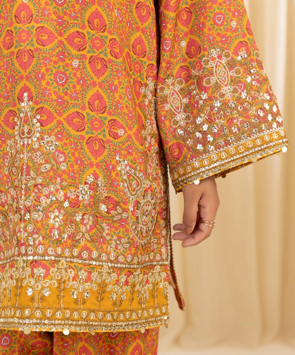 Women's Unstitched Embroidered Viscose Raw Silk Orange 2 Piece Suit