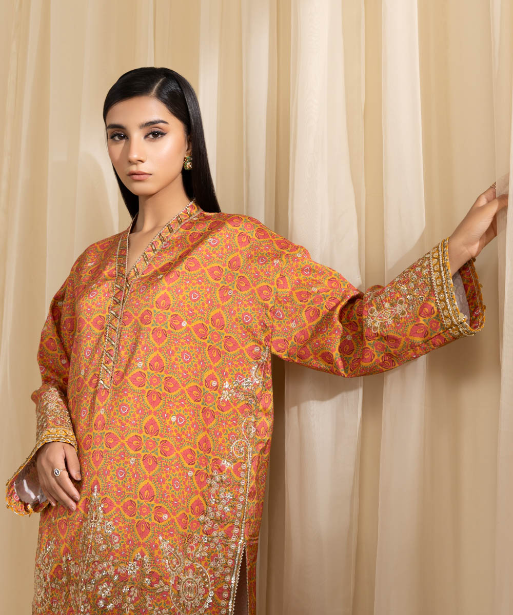 Women's Unstitched Embroidered Viscose Raw Silk Orange 2 Piece Suit