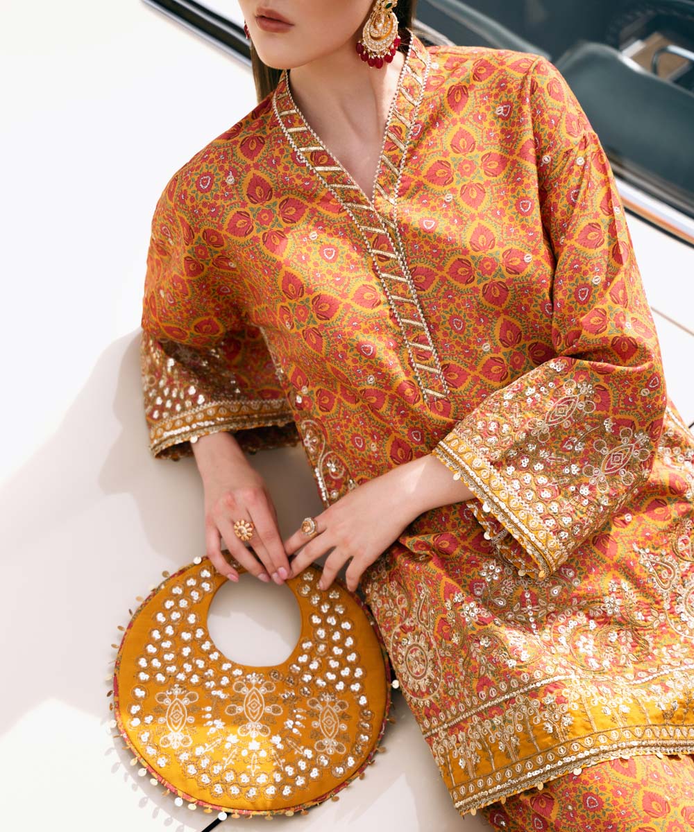 Women's Unstitched Embroidered Viscose Raw Silk Orange 2 Piece Suit