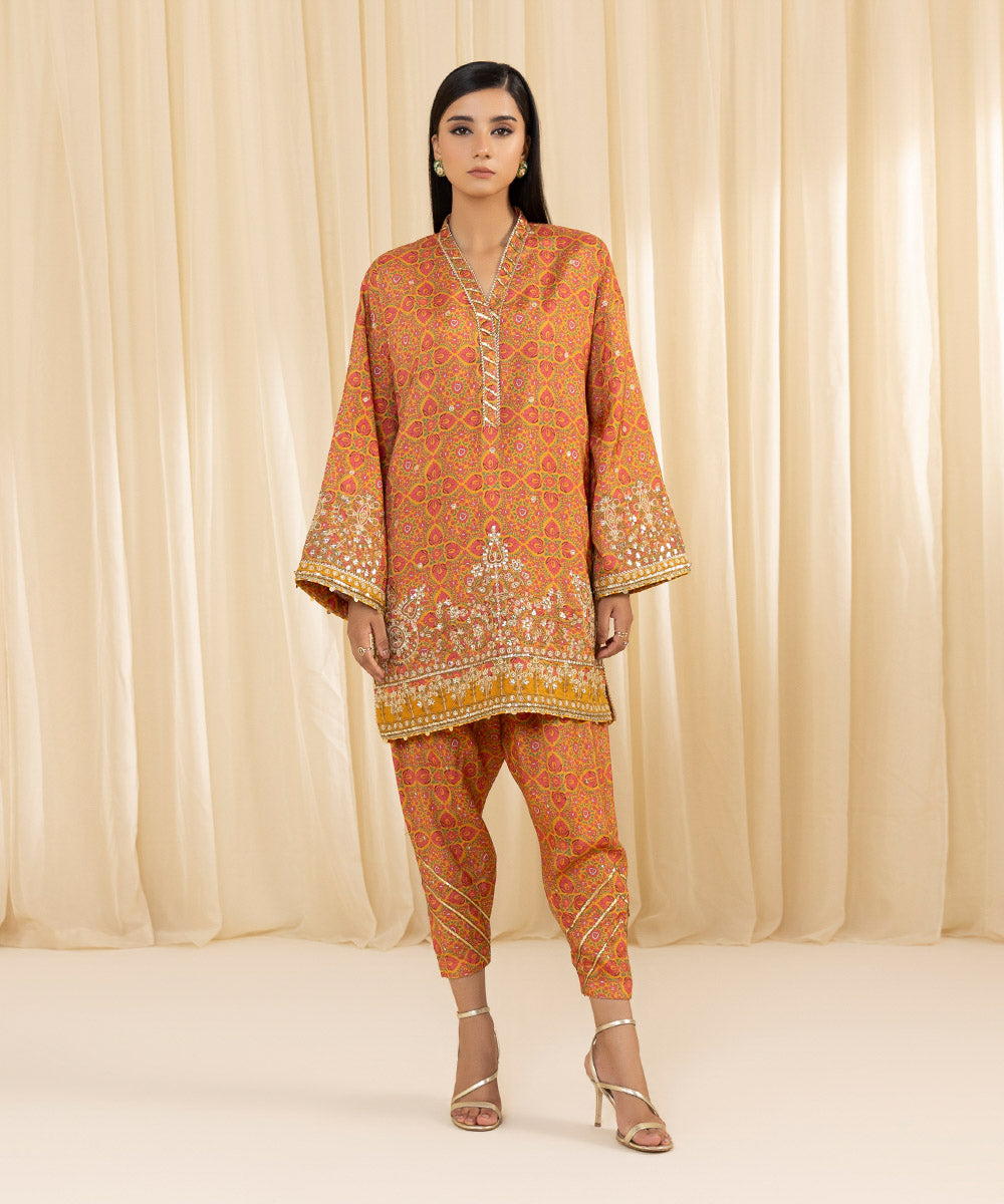 Women's Unstitched Embroidered Viscose Raw Silk Orange 2 Piece Suit