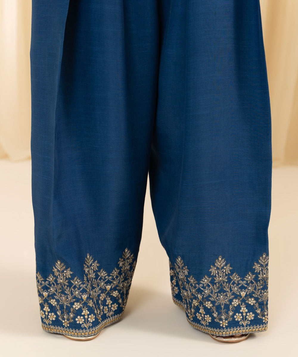 Women's Unstitched Embroidered Viscose Raw Silk Blue 3 Piece Suit