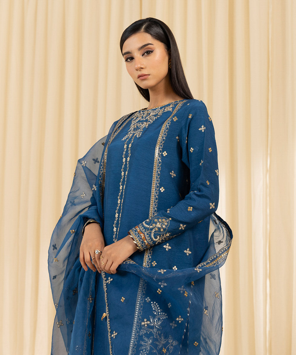 Women's Unstitched Embroidered Viscose Raw Silk Blue 3 Piece Suit