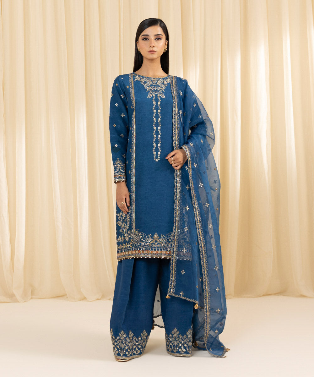 Women's Unstitched Embroidered Viscose Raw Silk Blue 3 Piece Suit