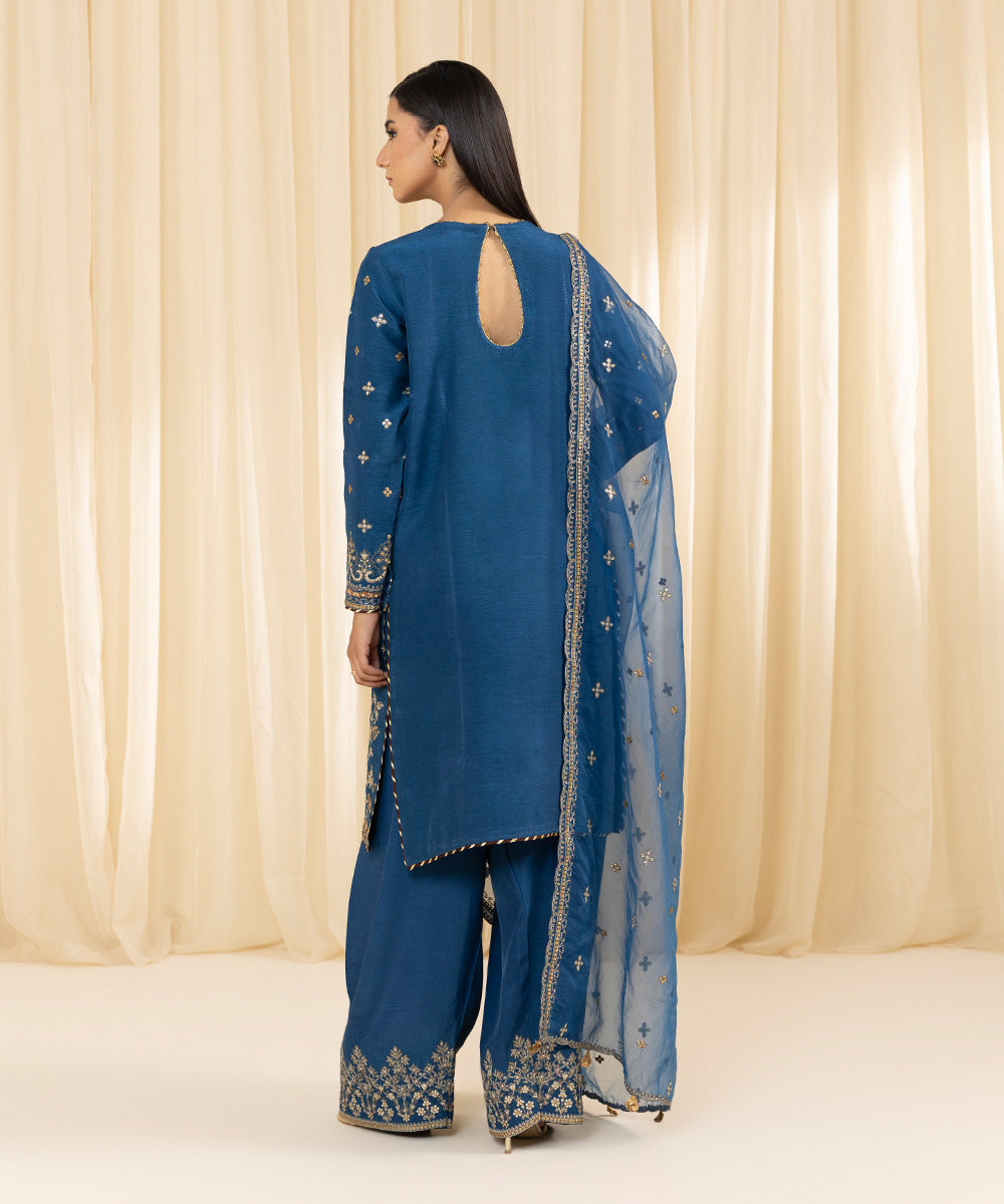 Women's Unstitched Embroidered Viscose Raw Silk Blue 3 Piece Suit