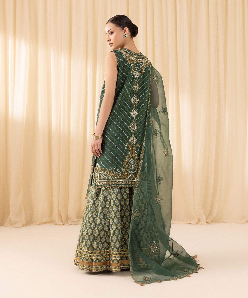 Women's Unstitched Embroidered Viscose Raw Silk Green 3 Piece Suit