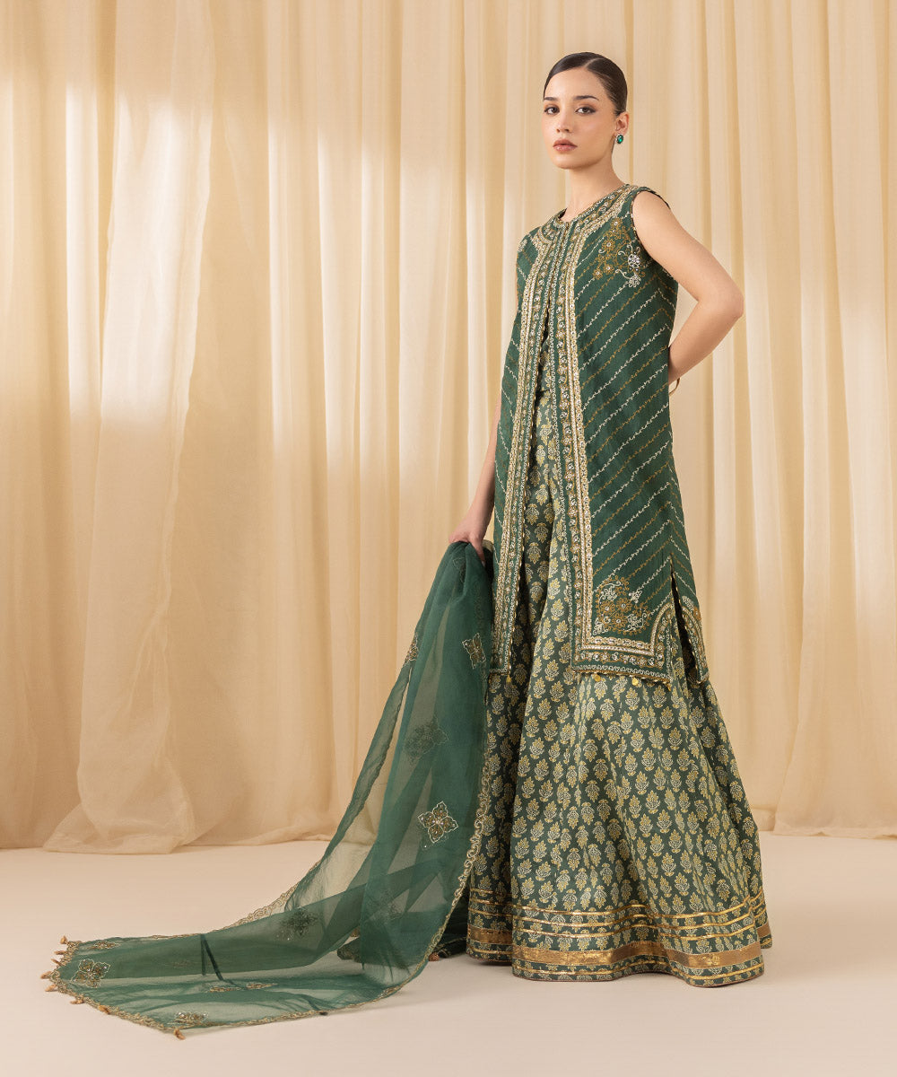 Women's Unstitched Embroidered Viscose Raw Silk Green 3 Piece Suit