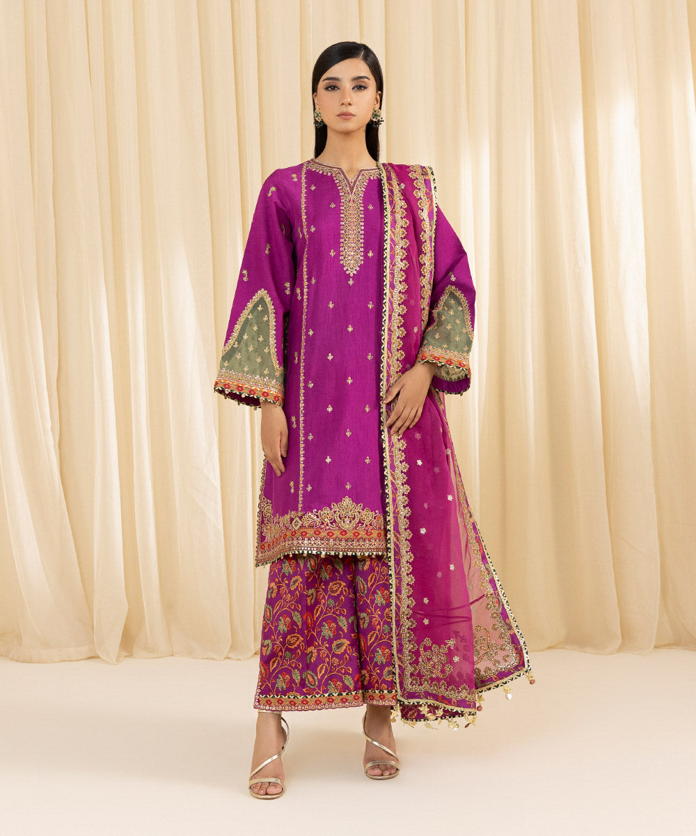 Women's Unstitched Embroidered Viscose Raw Silk Purple 3 Piece Suit