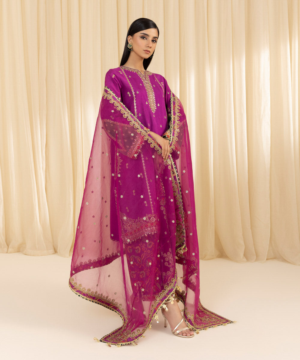 Women's Unstitched Embroidered Viscose Raw Silk Purple 3 Piece Suit