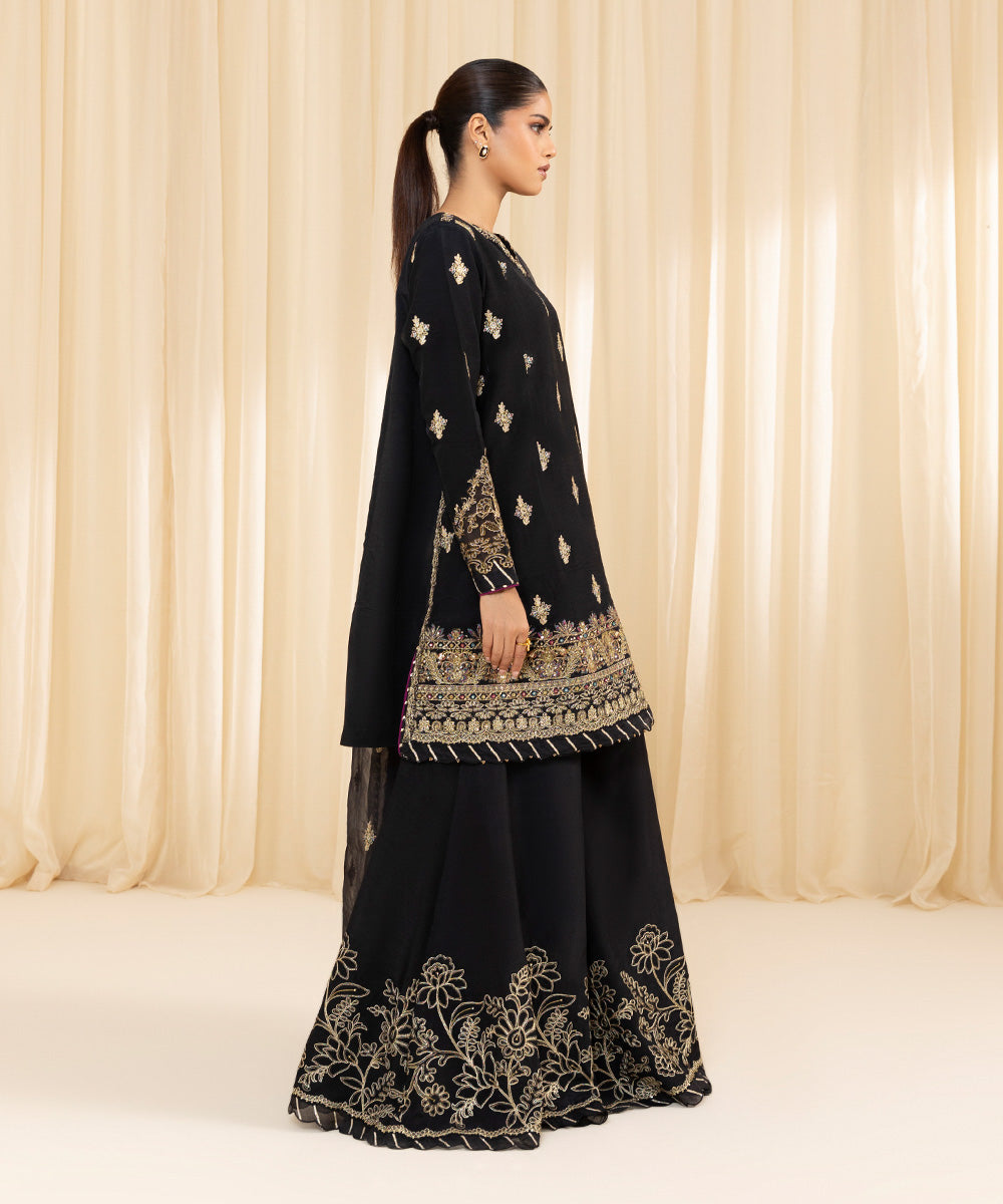 Women's Unstitched Embroidered Viscose Raw Silk Black 3 Piece Suit