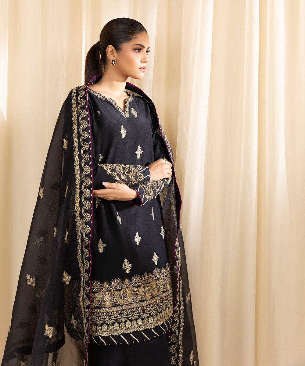 Women's Unstitched Embroidered Viscose Raw Silk Black 3 Piece Suit