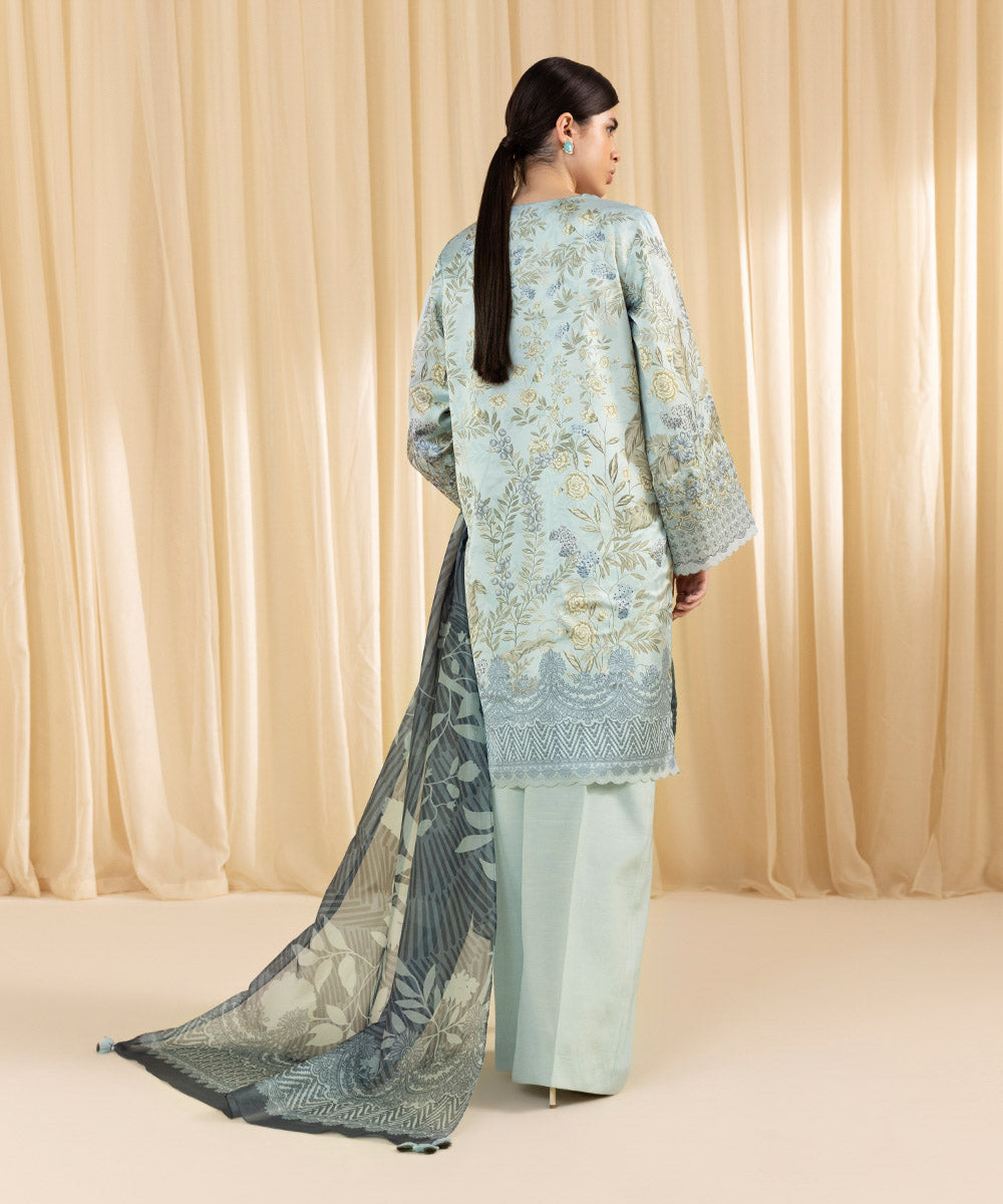 Women's Unstitched Embroidered Blended Satin Blue 3 Piece Suit