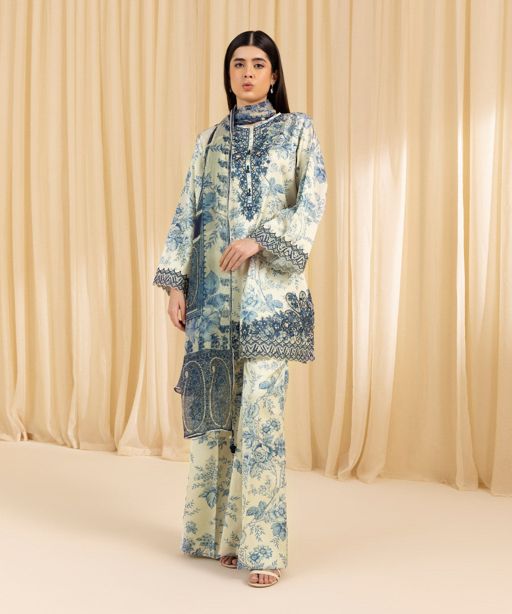 Women's Unstitched Embroidered Blended Satin Blue 3 Piece Suit