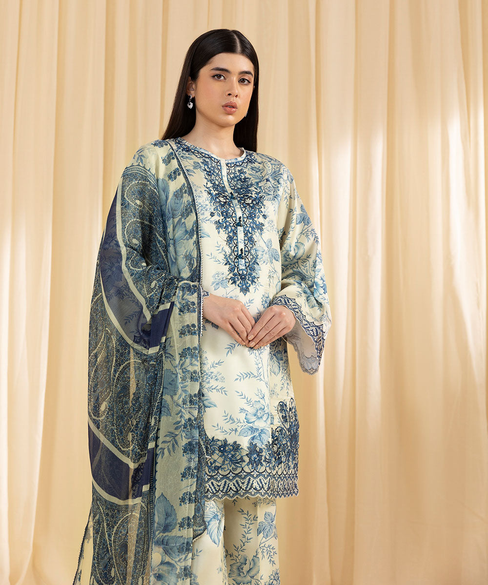 Women's Unstitched Embroidered Blended Satin Blue 3 Piece Suit