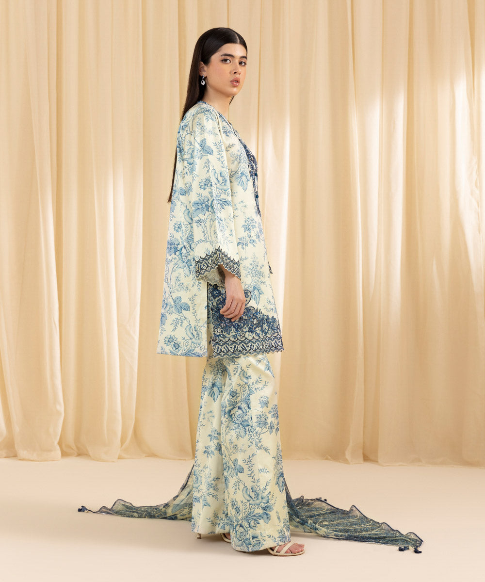 Women's Unstitched Embroidered Blended Satin Blue 3 Piece Suit