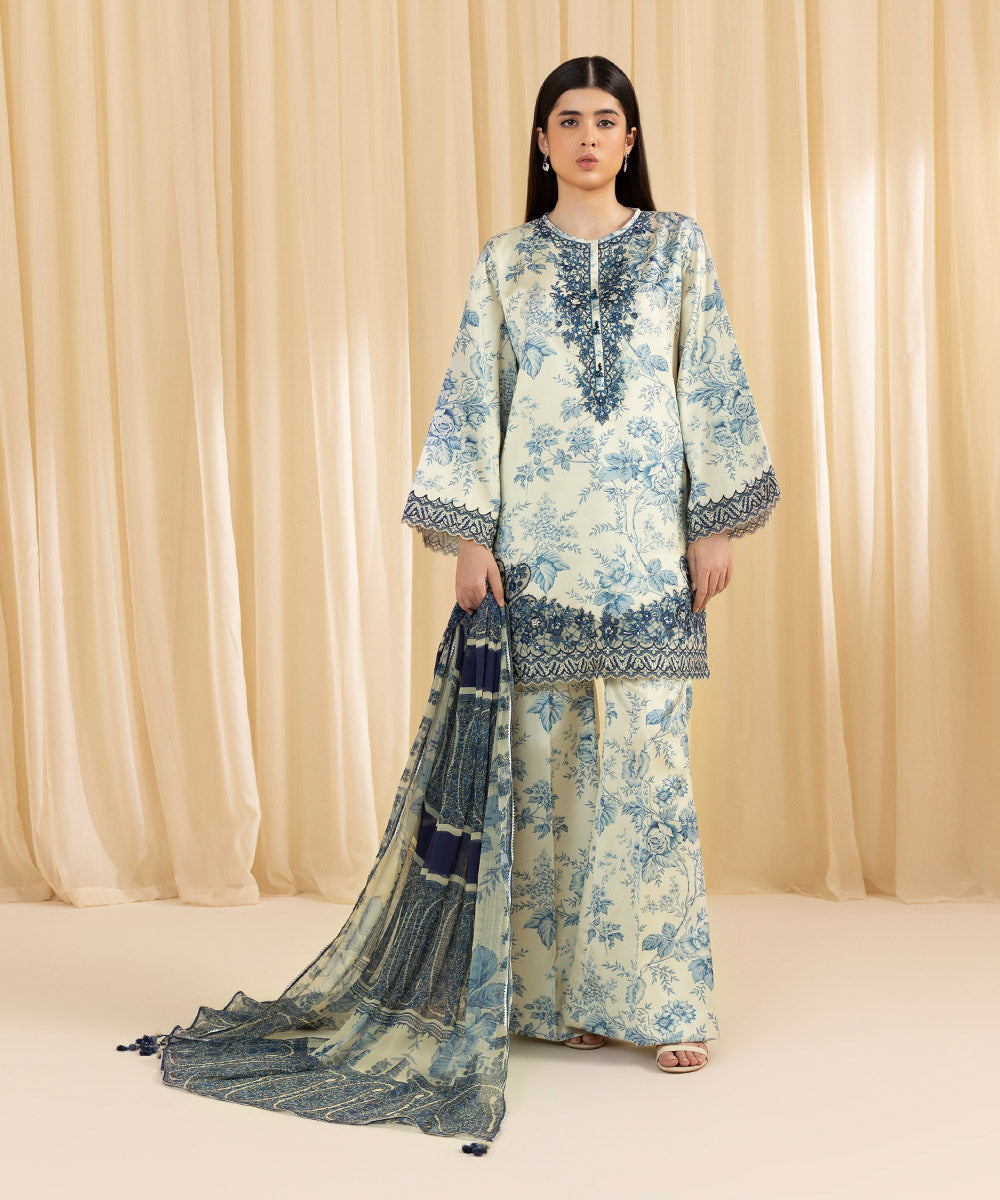 Women's Unstitched Embroidered Blended Satin Blue 3 Piece Suit